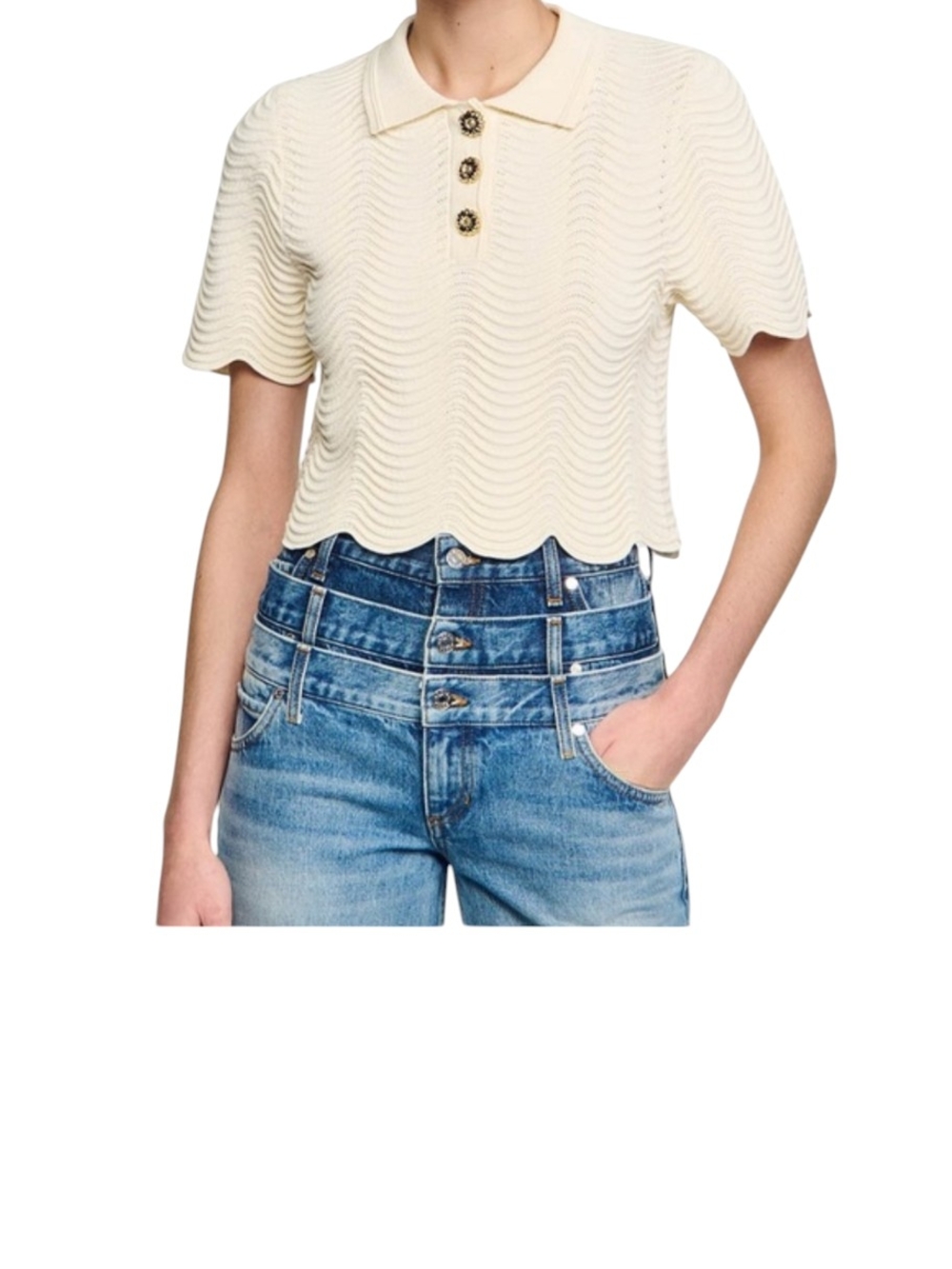 Sandro Campea Wavy Cropped Polo Sweater.... Size Small - Picture 2 of 10